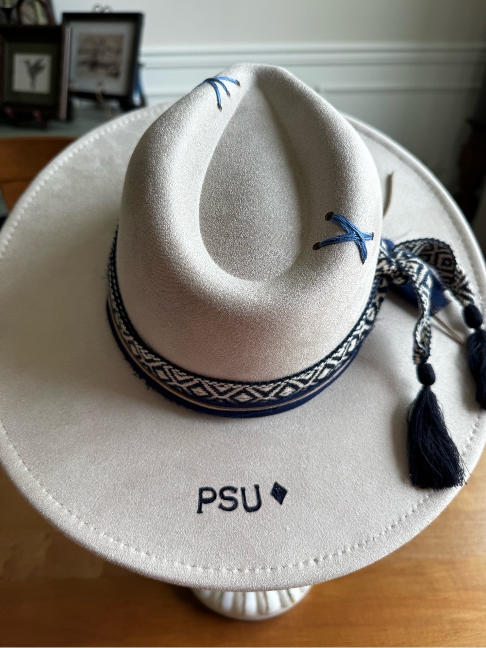 Hand Crafted Cream Wide-Brim Embellished Penn State Hat - Picture 2 of 14